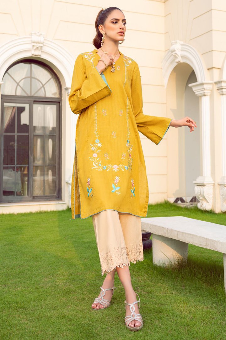 Mustard Yellow Kurti With Floral Embroidery